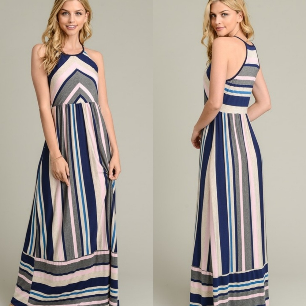 Beautiful Navy, Pink, Grey Stripe Maxi